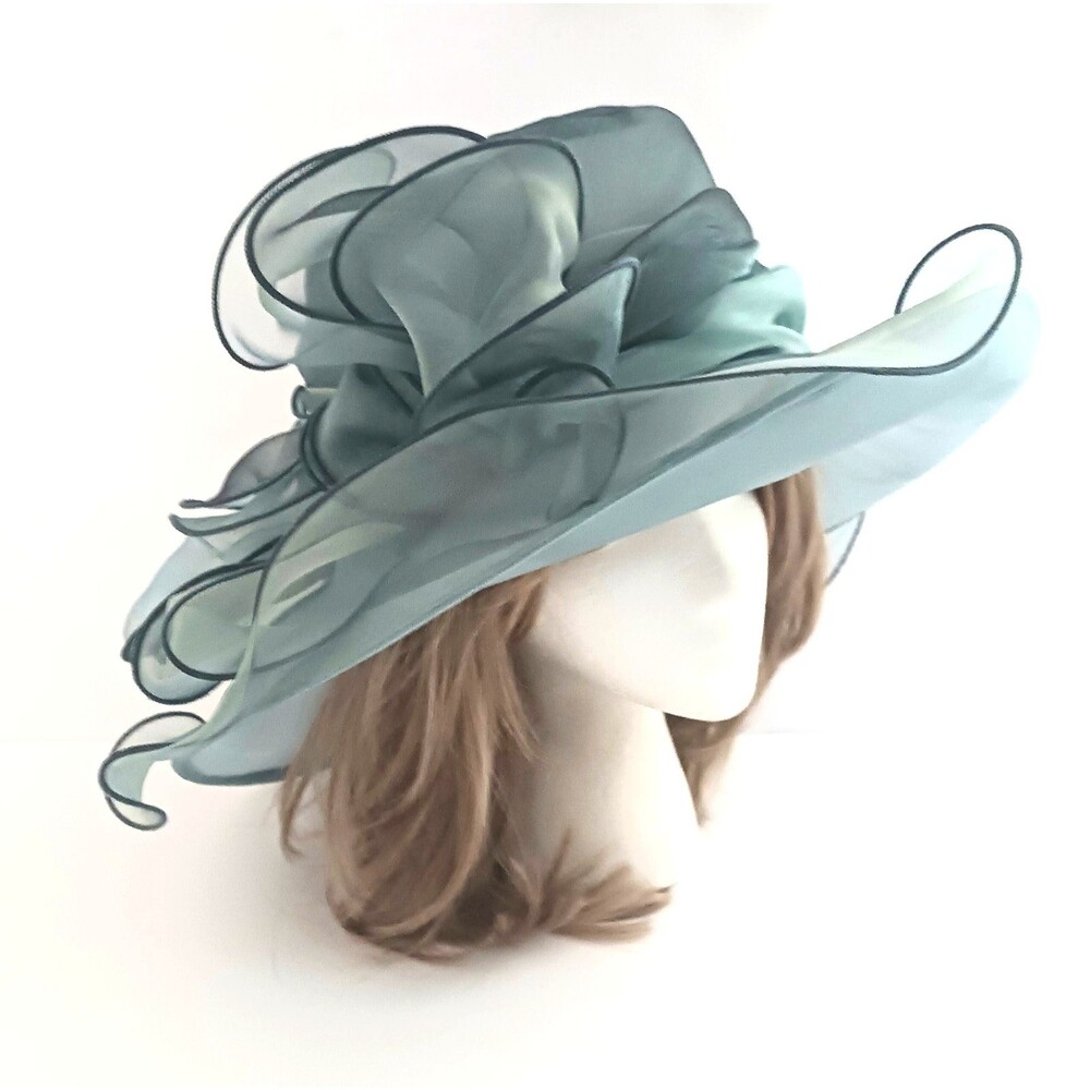 NWT Something Special Wide Brim Teal Organza Hat Lg Bow Trim O/S Adjustable